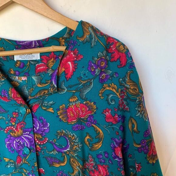 Vintage Alfred Dunner Teal Floral Damask Print Short Sleeve Shirt - Picture 3 of 9